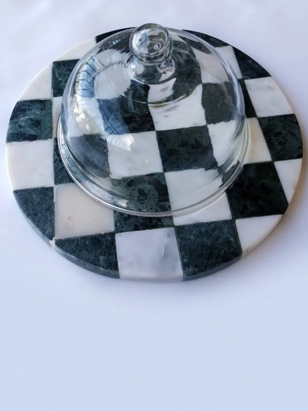 Glass Cloche with Marble Checkerboard Base
